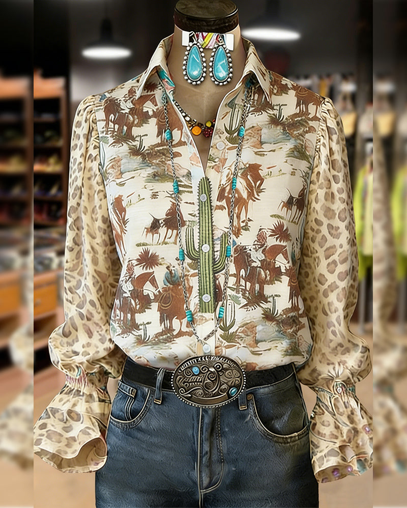 Skjorte Krave Vintage Tryk Puf Ærme