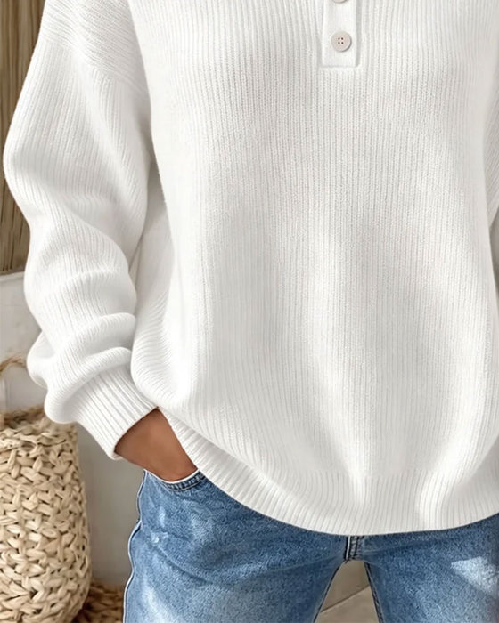 Pullover Ensfarvet Knap Casual