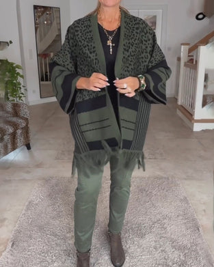 Langærmet cardigan med mørkt leopardprint