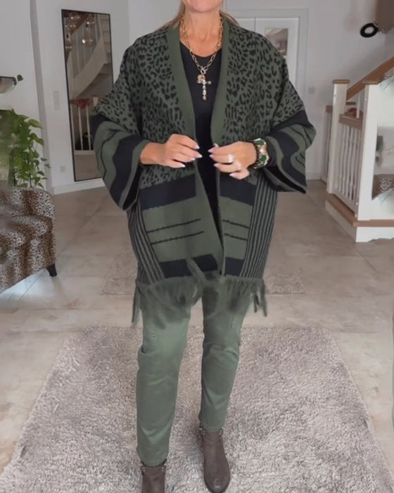 Langærmet cardigan med mørkt leopardprint