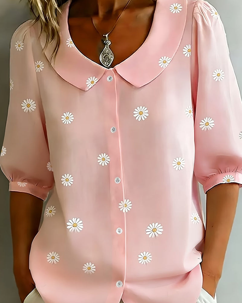 Afslappet Bluse Blomstret Puffærmer