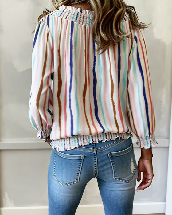 Bluse Farveblok Stribe Snøre
