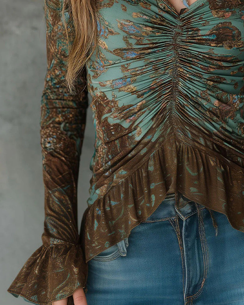 Bluse Samlet Rynke V-Hals Langærmet