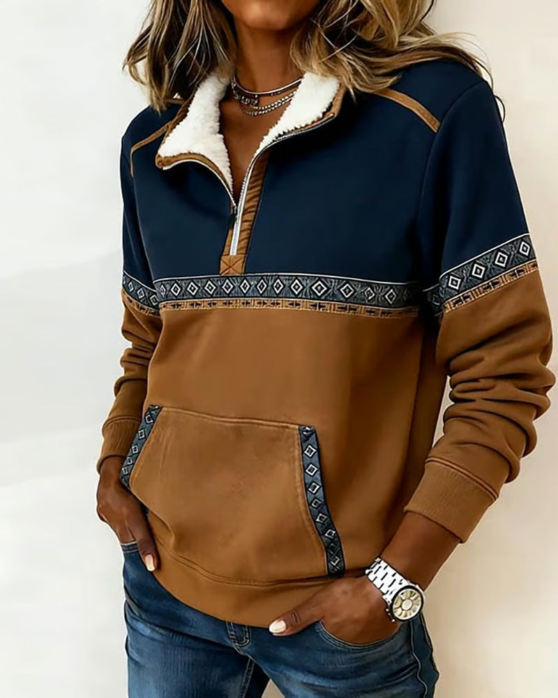 Retro Sweatshirt Med Farveblokning Og Pelskrave