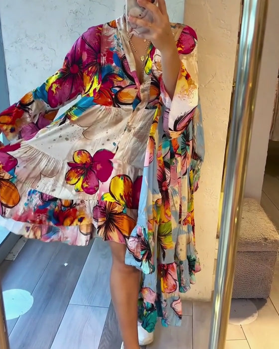 Kjole Farverig Stor Blomstret Print Kort