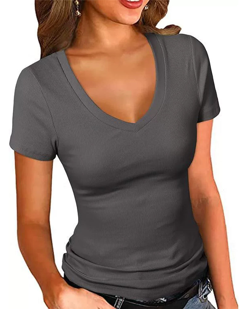 T-Shirt Ribstrikket Slim Fit V-Udskæring Korte Ærmer