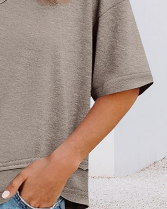 Bluse Ensfarvet V-Udskæring Patchwork Kant