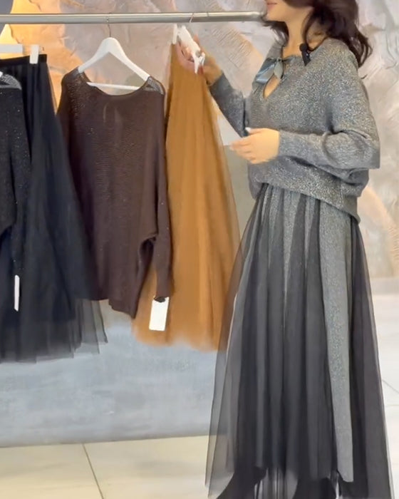 Pullover Og Nederdel Med Flagermusærmer Og Glitre