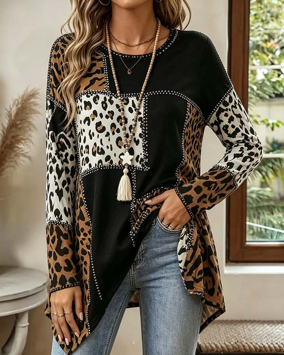 Bluse Leopard Tryk Patchwork Uregelmæssig