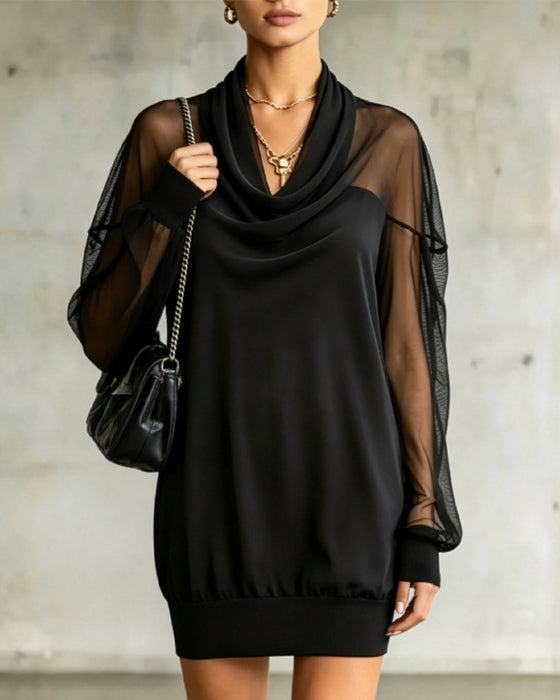 Kjole Cowl-Neck Lang Ærme Mesh