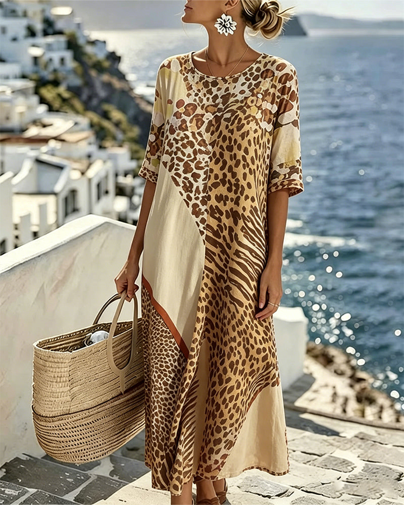 Kjole Leopard Tryk Rundhalset Patchwork