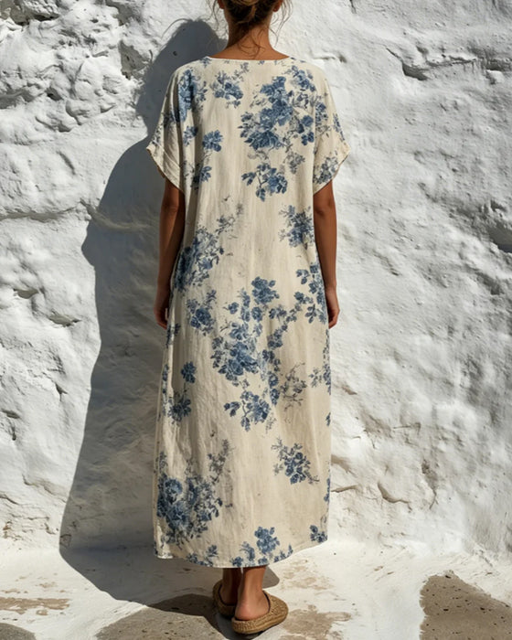 Kjole Rund Hals Vintage Blå Floral