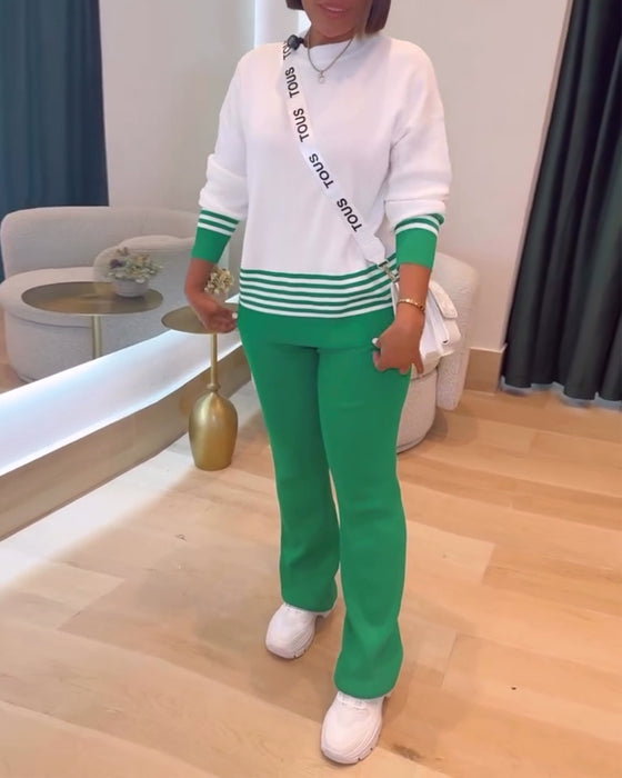 Stribet Kontrast Pullover Bukse Sæt