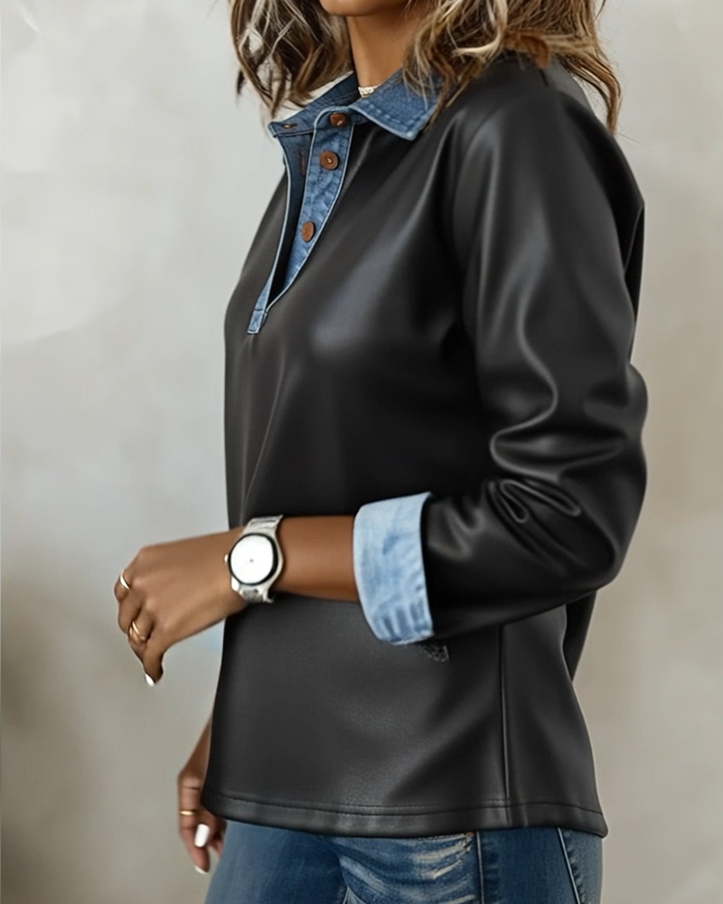Top Casual Krave Læder Patchwork
