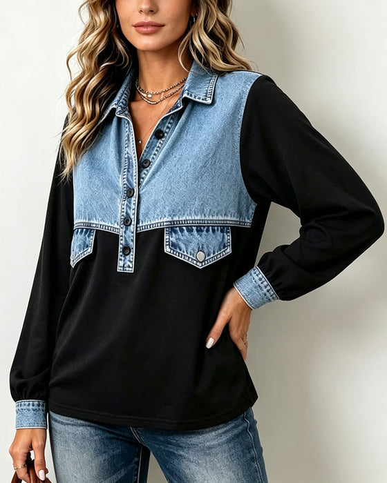 Sweatshirt Skjortekrave Lomme Patchwork
