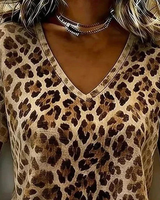 T-Shirt V-Hals Leopard Tryk Gradient Kortærmet