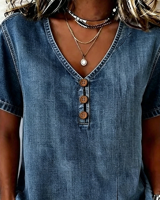 Bluse I Denim Med Slids V-Hals