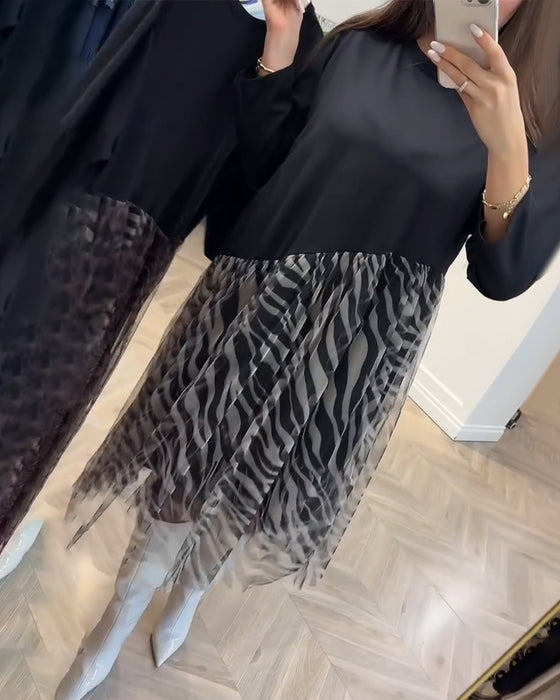 Kjole Rund Hals Patchwork Mesh Print