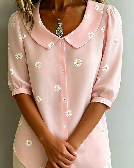 Afslappet Bluse Blomstret Puffærmer