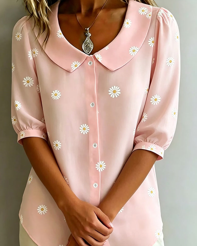 Afslappet Bluse Blomstret Puffærmer