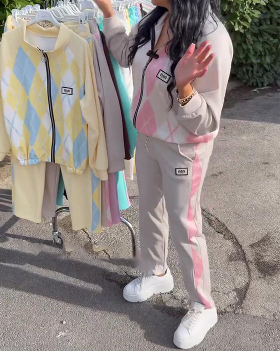 Todelt Sæt Ternet Top Med Lynlås Og Bukser