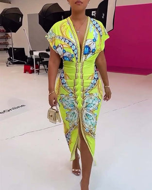 Gul slim fit kjole med print