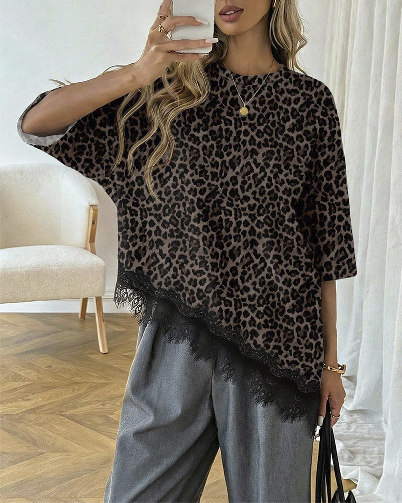 Bluse Asymmetrisk Blonde Sammensat Kant Korte Ærmer
