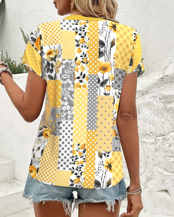 Bluse V-Hals Korte Ærmer Blomstermønster