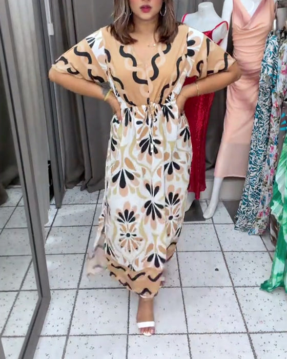 Kjole Farveblok Blomstret Kort Ærme Maxi