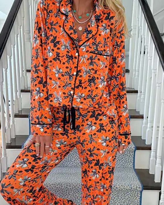 Pyjamas Sæt Skjortekrave Trykt Knap