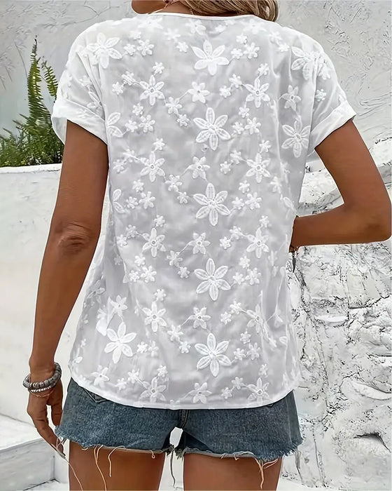 V-halset hvid blondebluse