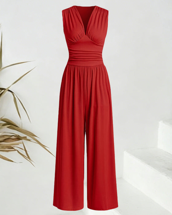 Jumpsuit Ensfarvet Ribbet Ærmeløs