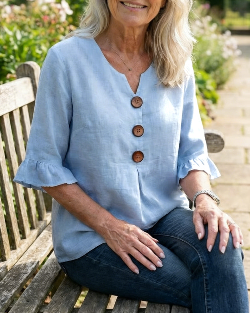 Bluser Ensfarvet Bomuld-Hør Træknapper Rynker