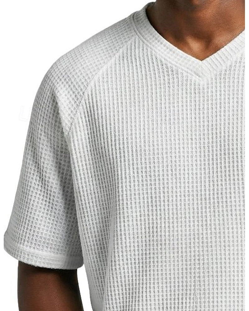 Herre V-Hals T-Shirt I Waffelstruktur, Afslappet Kortærmet Top I Ensfarvet