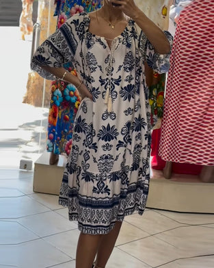 Kjole Rund Hals Trykt Trompet Korte Ærmer