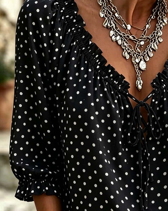 Bluse V-Hals Ruffle Polka Dot Bindebånd