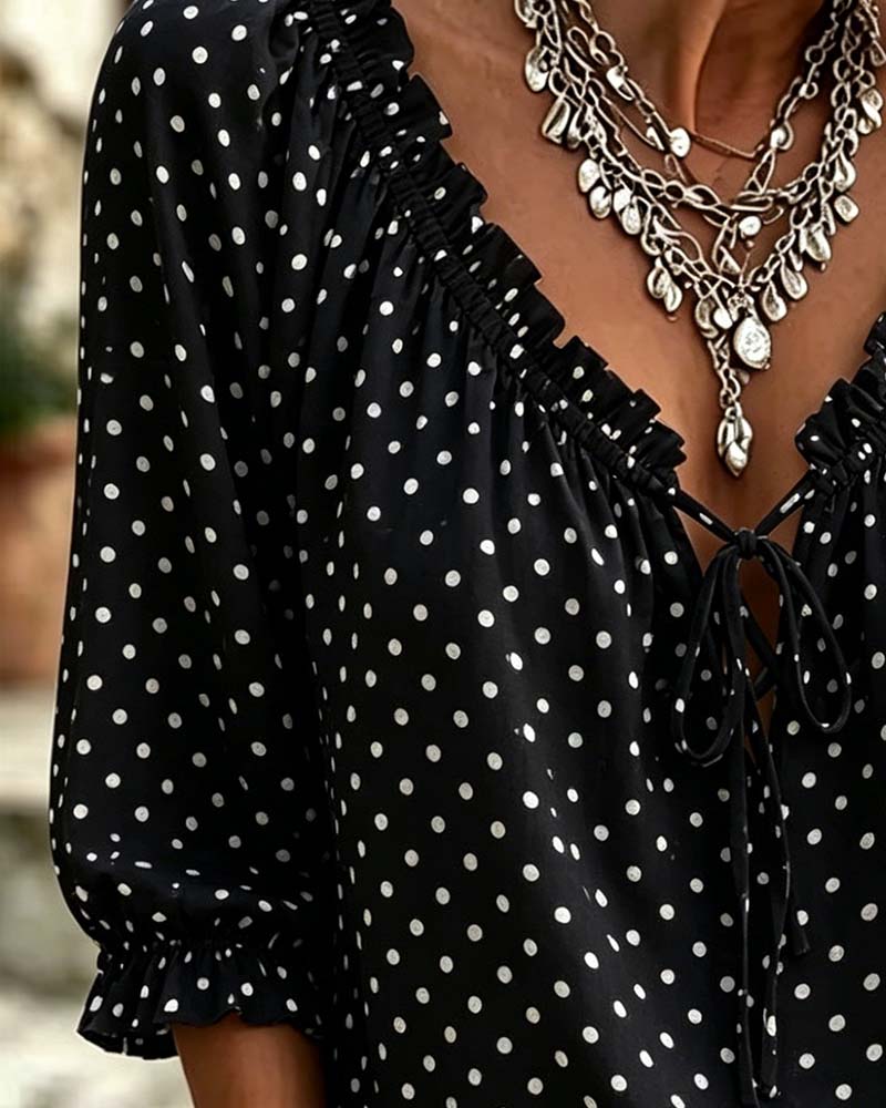 Bluse V-Hals Ruffle Polka Dot Bindebånd