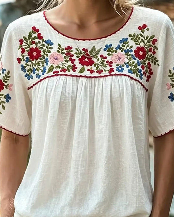 Bluse Rundhalset Broderet Bohemian