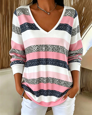 Sweatshirt V-Hals Farveblok Stribe Casual