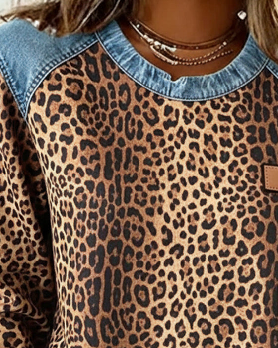Sweatshirt Leopardtryk Denim Patchwork