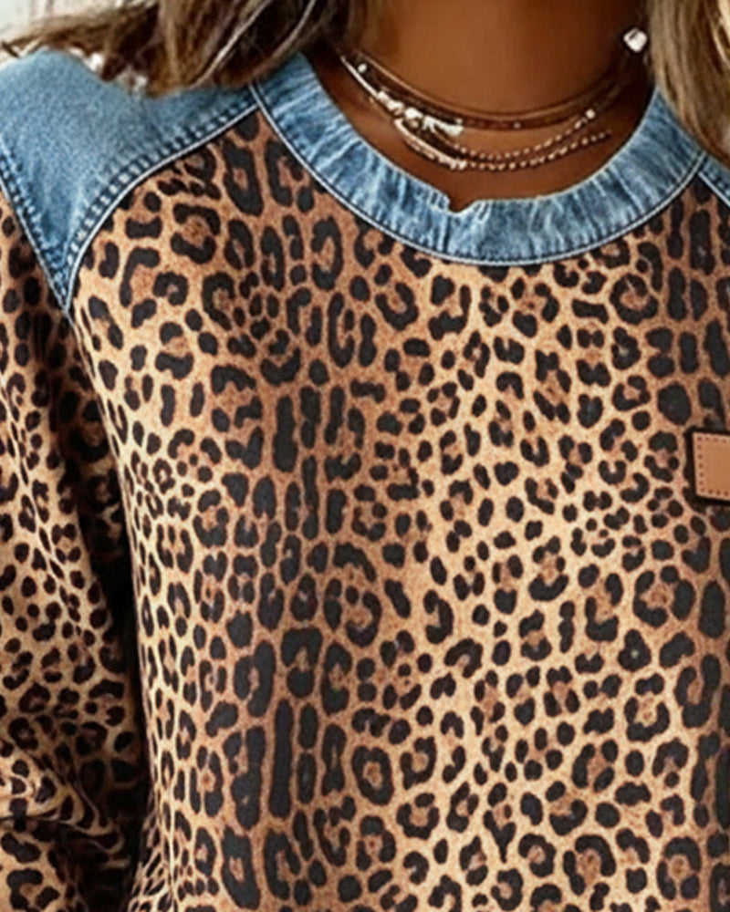 Sweatshirt Leopardtryk Denim Patchwork