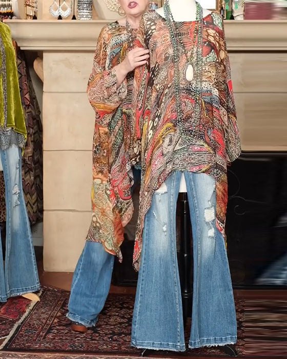 Bluse Løs Flagermuseærme Tryk