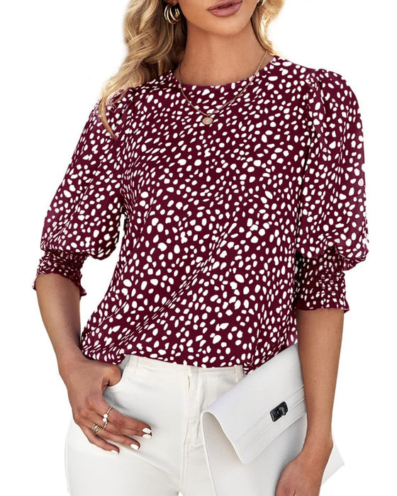 Bluse Florale Rund Hals Rynket Mid