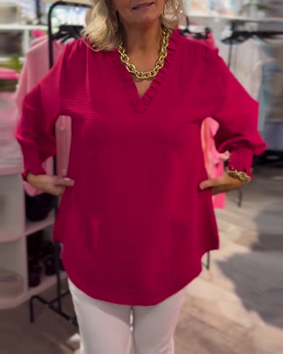 Bluse V-hals Pullover Løs Casual