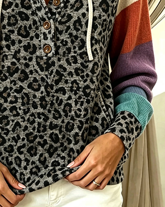 Hoodie Leopard Farveblok Knap