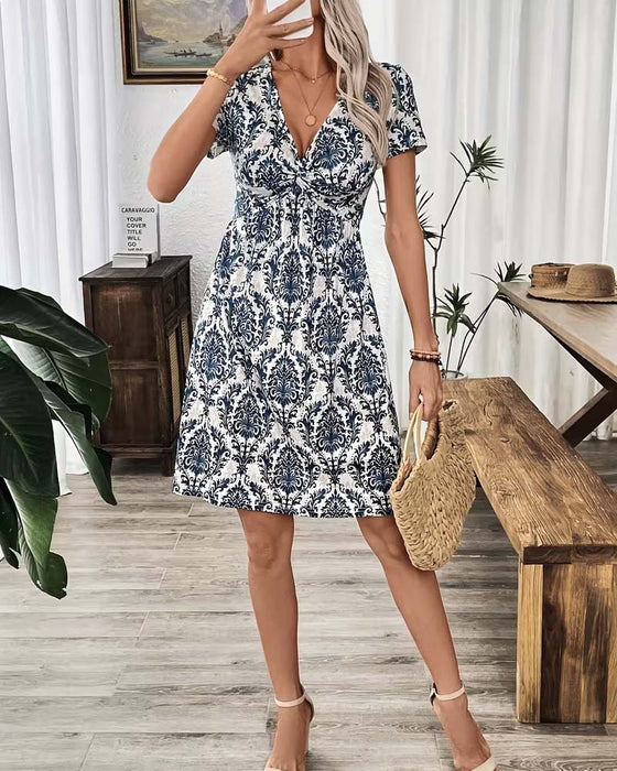 Kjole V-Hals Rynket Høj Talje Bohemian