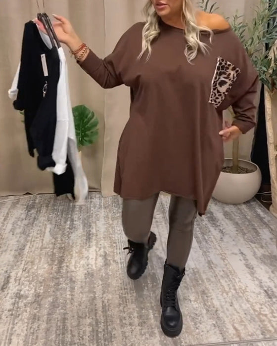 Oversized top med leopardprint brystlomme