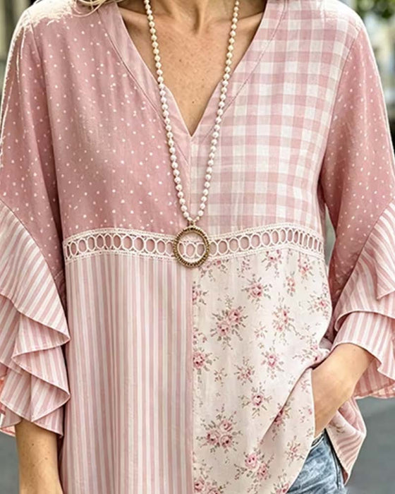 Bluse Dobbelt Lag Ruffle Ærmer Stribet Prikket Tryk