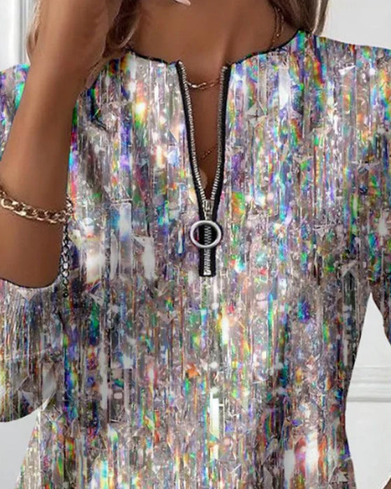 Trykt Langærmet Sweatshirt Med Halvlynlås