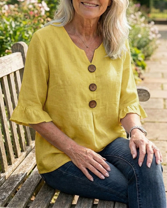 Bluser Ensfarvet Bomuld-Hør Træknapper Rynker